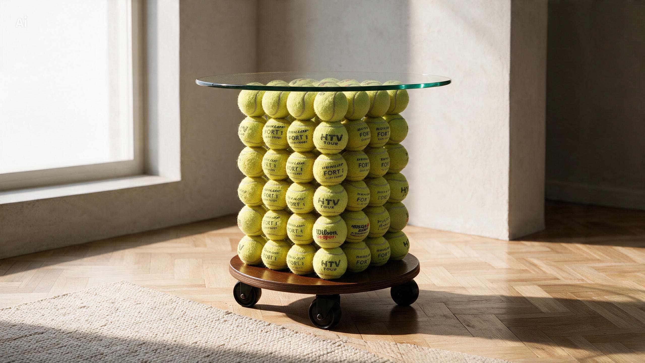 Coffee Table Boris No. 01 viewed from above, revealing its glass top and tennis-ball structure